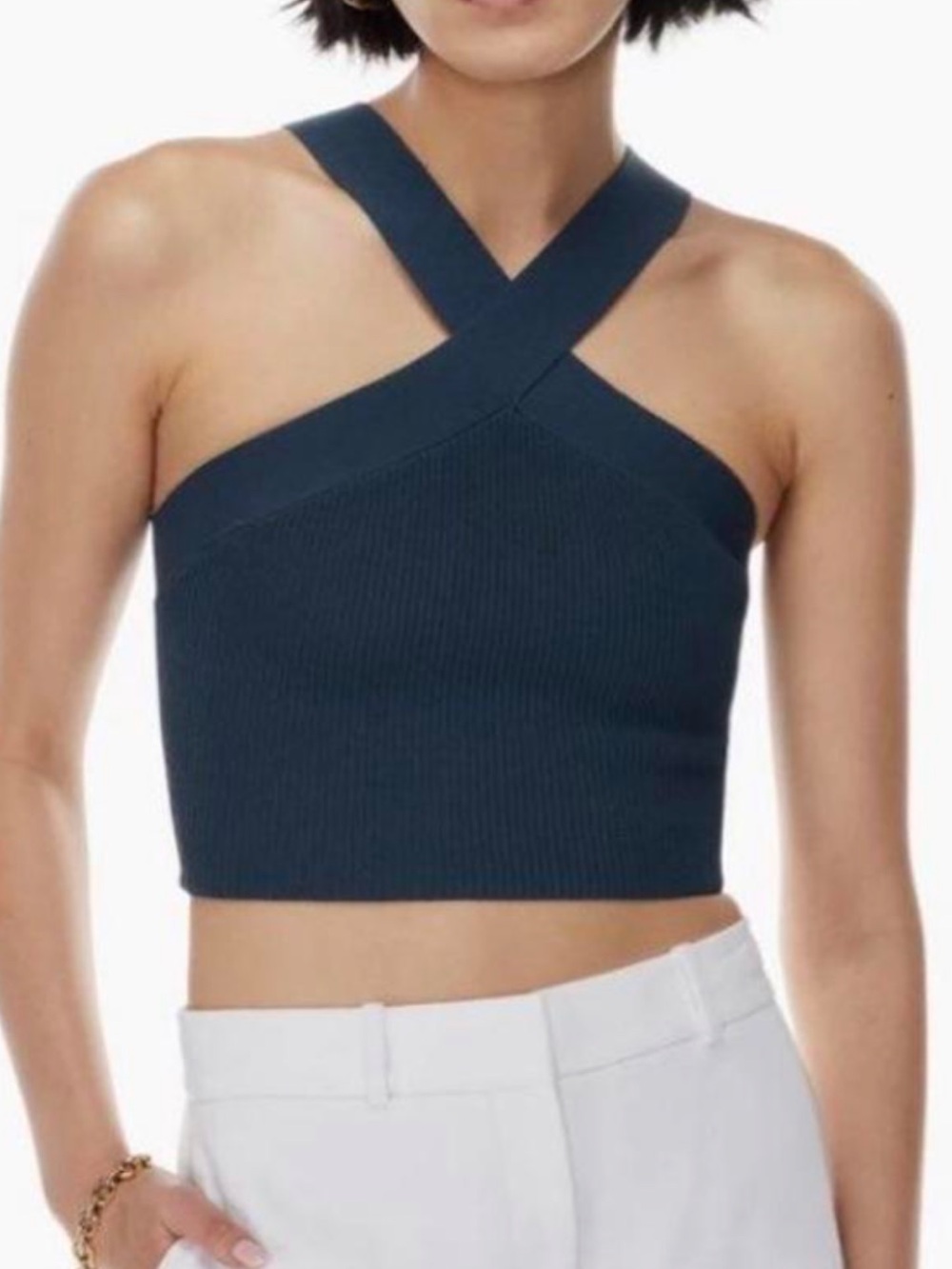 Aritzia Navy Ribbed Cross-Strap Crop Top